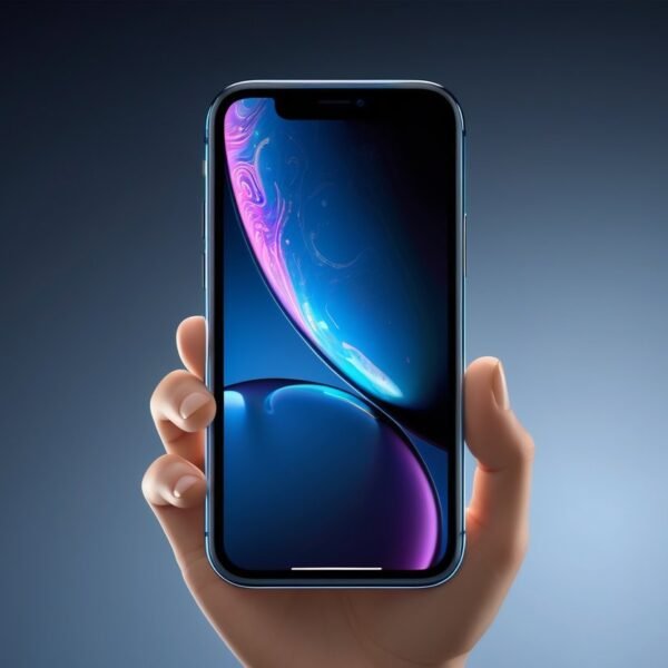 Um smartphone semelhante a um iPhone desligando sozinho, com a tela ficando preta e um brilho suave nas bordas, segurado por uma mão