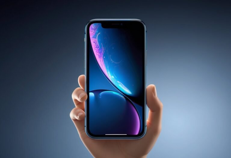 Um smartphone semelhante a um iPhone desligando sozinho, com a tela ficando preta e um brilho suave nas bordas, segurado por uma mão