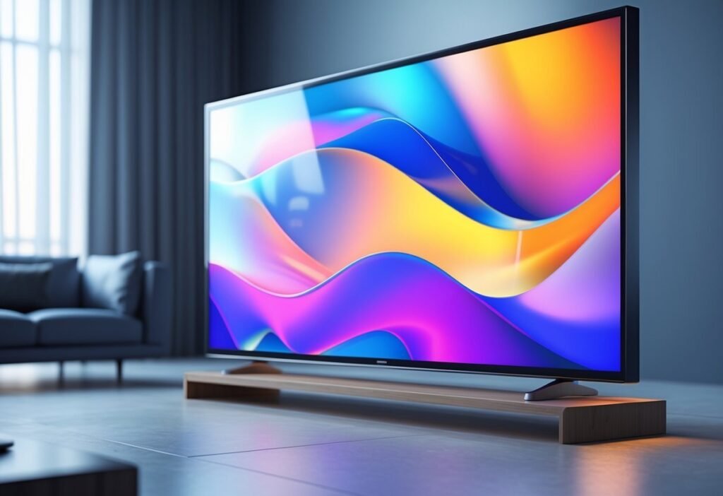 Uma televisão moderna de tela plana em uma sala de estar, exibindo uma imagem colorida e vibrante na tela.