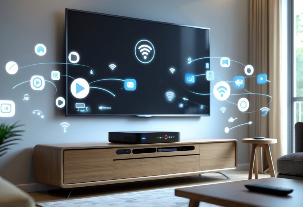 Sala de estar com uma TV grande na parede e um aparelho pequeno para transformar a TV em smart sobre um móvel abaixo da TV.