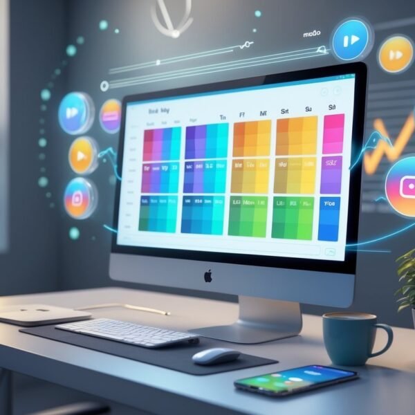 Espaço de trabalho digital mostrando um monitor com calendário e horários destacados, ícones do Kwai flutuando, smartphone com notificações, uma xícara de café e uma planta sobre a mesa.