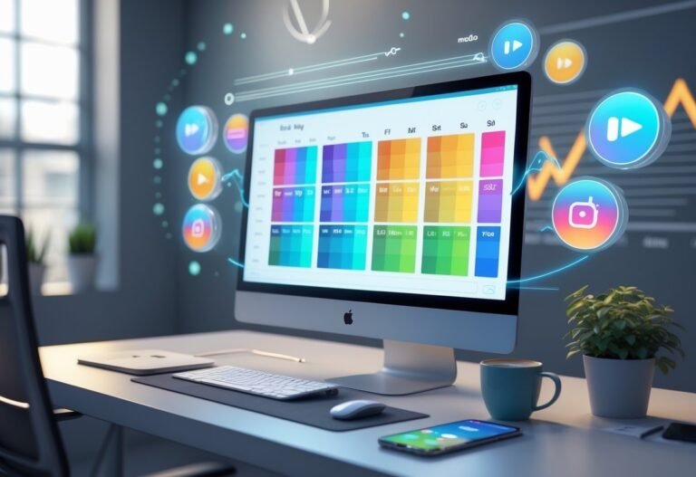 Espaço de trabalho digital mostrando um monitor com calendário e horários destacados, ícones do Kwai flutuando, smartphone com notificações, uma xícara de café e uma planta sobre a mesa.