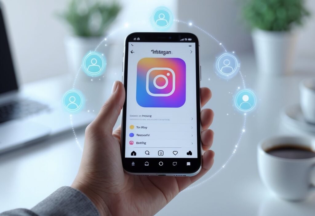 Uma mão segurando um smartphone mostrando a tela de configurações do Instagram com ícones que indicam a troca para uma conta pessoal, em um ambiente de trabalho minimalista.