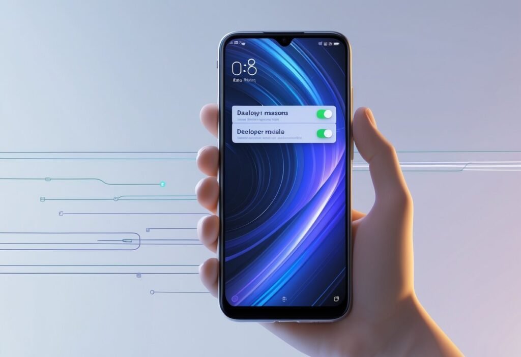 Smartphone Xiaomi exibindo o menu de configurações com a opção de modo desenvolvedor desativada, segurado por uma mão.