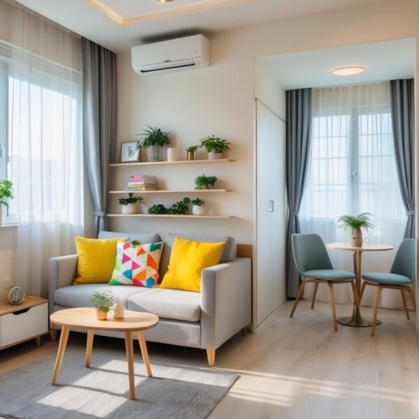 Interior de um apartamento pequeno, mostrando uma sala aconchegante com sofá compacto, mesa de centro, prateleiras com plantas, área de jantar pequena e cozinha moderna, tudo bem iluminado e organizado.
