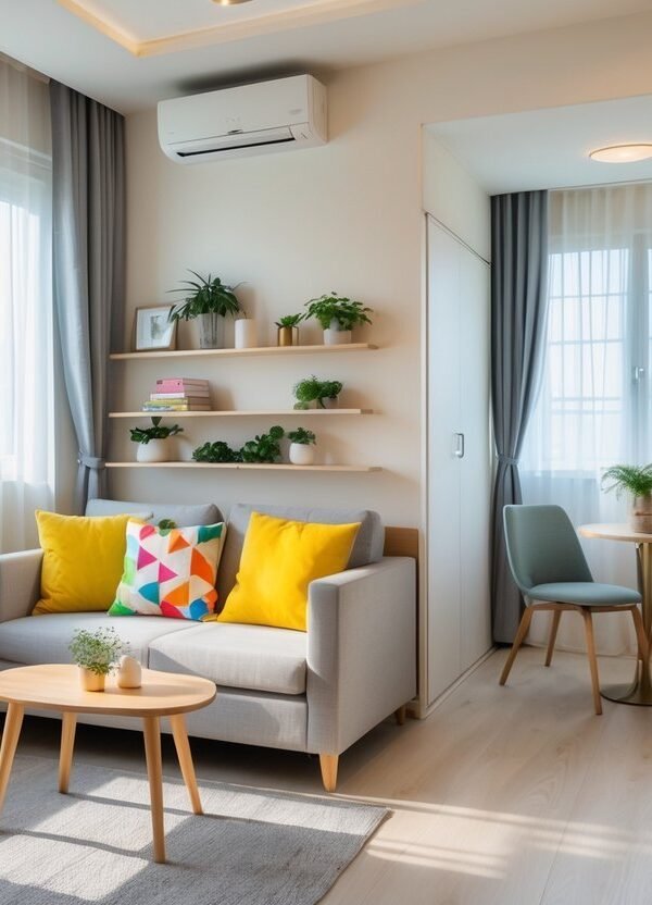 Interior de um apartamento pequeno, mostrando uma sala aconchegante com sofá compacto, mesa de centro, prateleiras com plantas, área de jantar pequena e cozinha moderna, tudo bem iluminado e organizado.