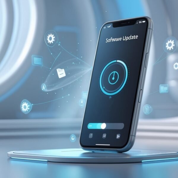 Um smartphone moderno exibindo uma barra de progresso de atualização, com elementos holográficos ao redor simbolizando transferência de dados e conectividade.