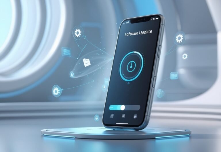 Um smartphone moderno exibindo uma barra de progresso de atualização, com elementos holográficos ao redor simbolizando transferência de dados e conectividade.