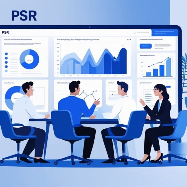 Três profissionais discutindo em um escritório moderno com gráficos e dados em uma tela digital.