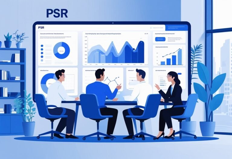 Três profissionais discutindo em um escritório moderno com gráficos e dados em uma tela digital.