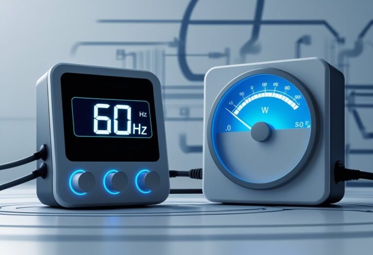 Um medidor elétrico mostrando 60 Hz ao lado de um medidor de potência indicando watts, em um ambiente técnico minimalista.