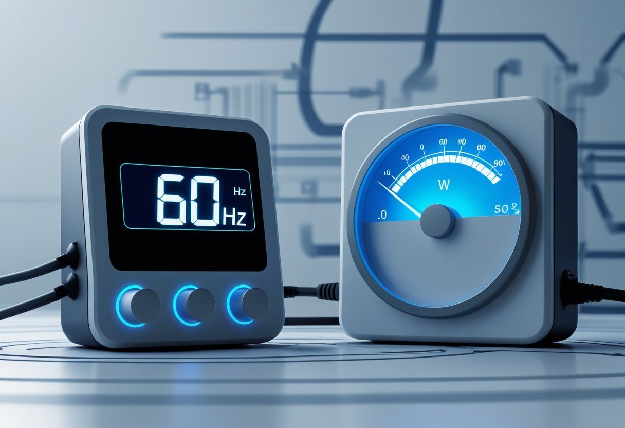 Um medidor elétrico mostrando 60 Hz ao lado de um medidor de potência indicando watts, em um ambiente técnico minimalista.