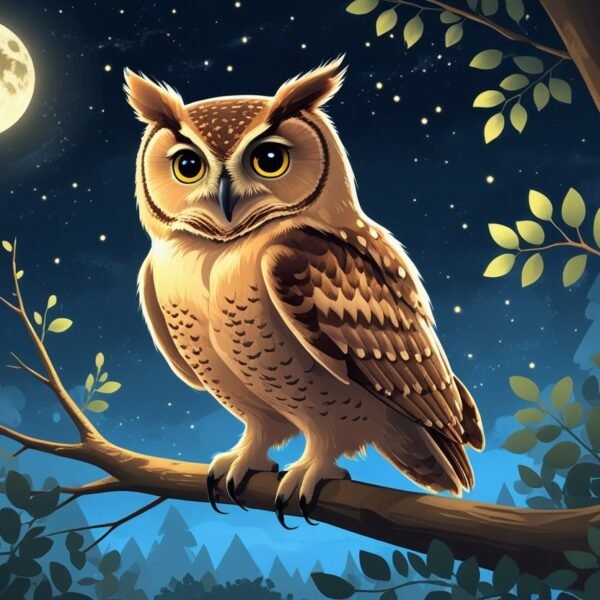 Uma corujinha pequena e sábia empoleirada em um galho à noite, com olhos grandes e penas detalhadas, em um ambiente de floresta com céu estrelado.