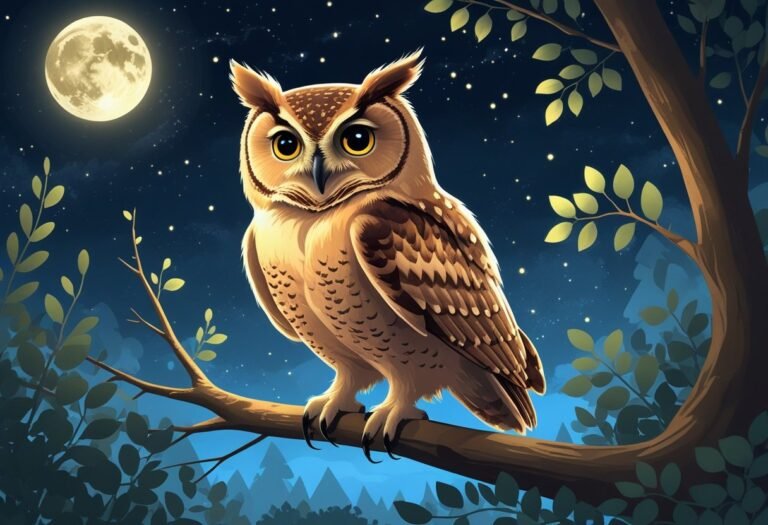 Uma corujinha pequena e sábia empoleirada em um galho à noite, com olhos grandes e penas detalhadas, em um ambiente de floresta com céu estrelado.