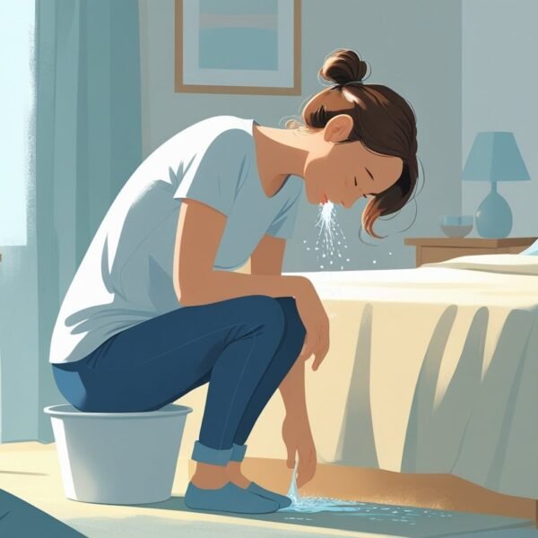 Pessoa sentada na beira da cama inclinada sobre uma bacia, demonstrando o ato de vomitar para aliviar o mal-estar.