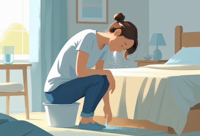 Pessoa sentada na beira da cama inclinada sobre uma bacia, demonstrando o ato de vomitar para aliviar o mal-estar.
