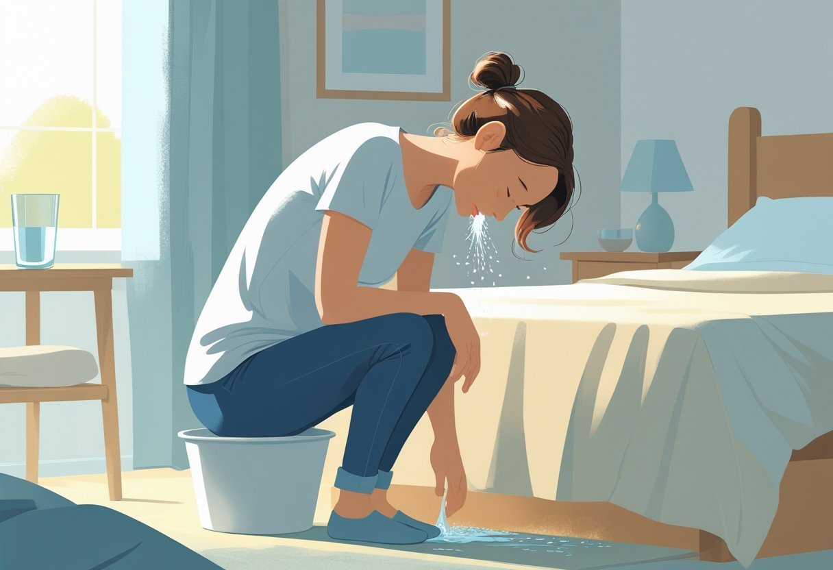 Pessoa sentada na beira da cama inclinada sobre uma bacia, demonstrando o ato de vomitar para aliviar o mal-estar.