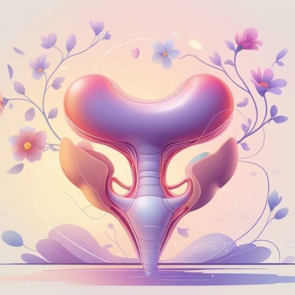 Ilustração de um útero estilizado cercado por flores e elementos que representam vida e crescimento.