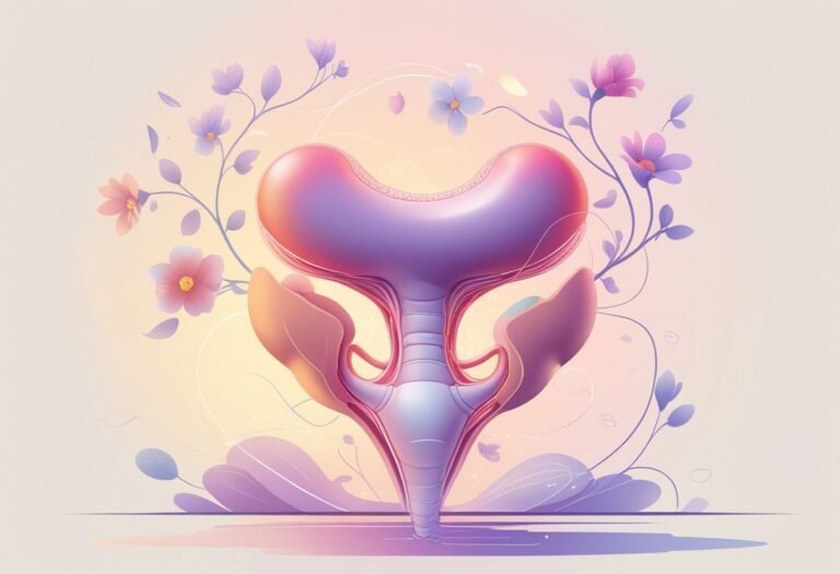 Ilustração de um útero estilizado cercado por flores e elementos que representam vida e crescimento.