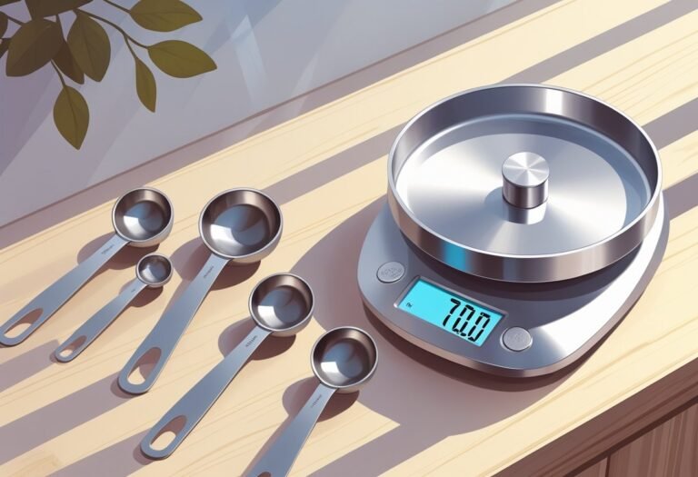 Uma balança de cozinha digital marcando 70 gramas ao lado de colheres medidoras organizadas sobre uma superfície de madeira clara.
