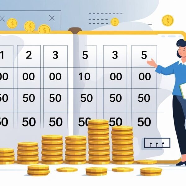 Cena de uma sala de aula com um quadro mostrando números de 1 a 5 e pilhas de moedas de 50 centavos organizadas para representar milhares e centenas.