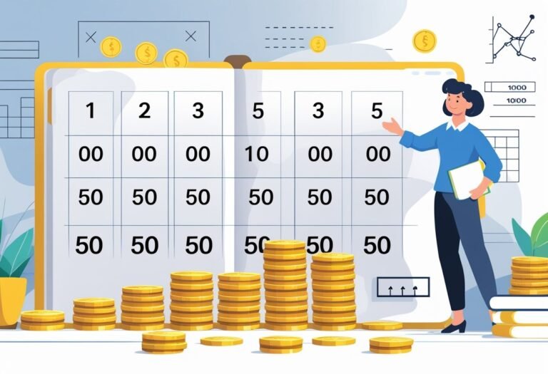Cena de uma sala de aula com um quadro mostrando números de 1 a 5 e pilhas de moedas de 50 centavos organizadas para representar milhares e centenas.