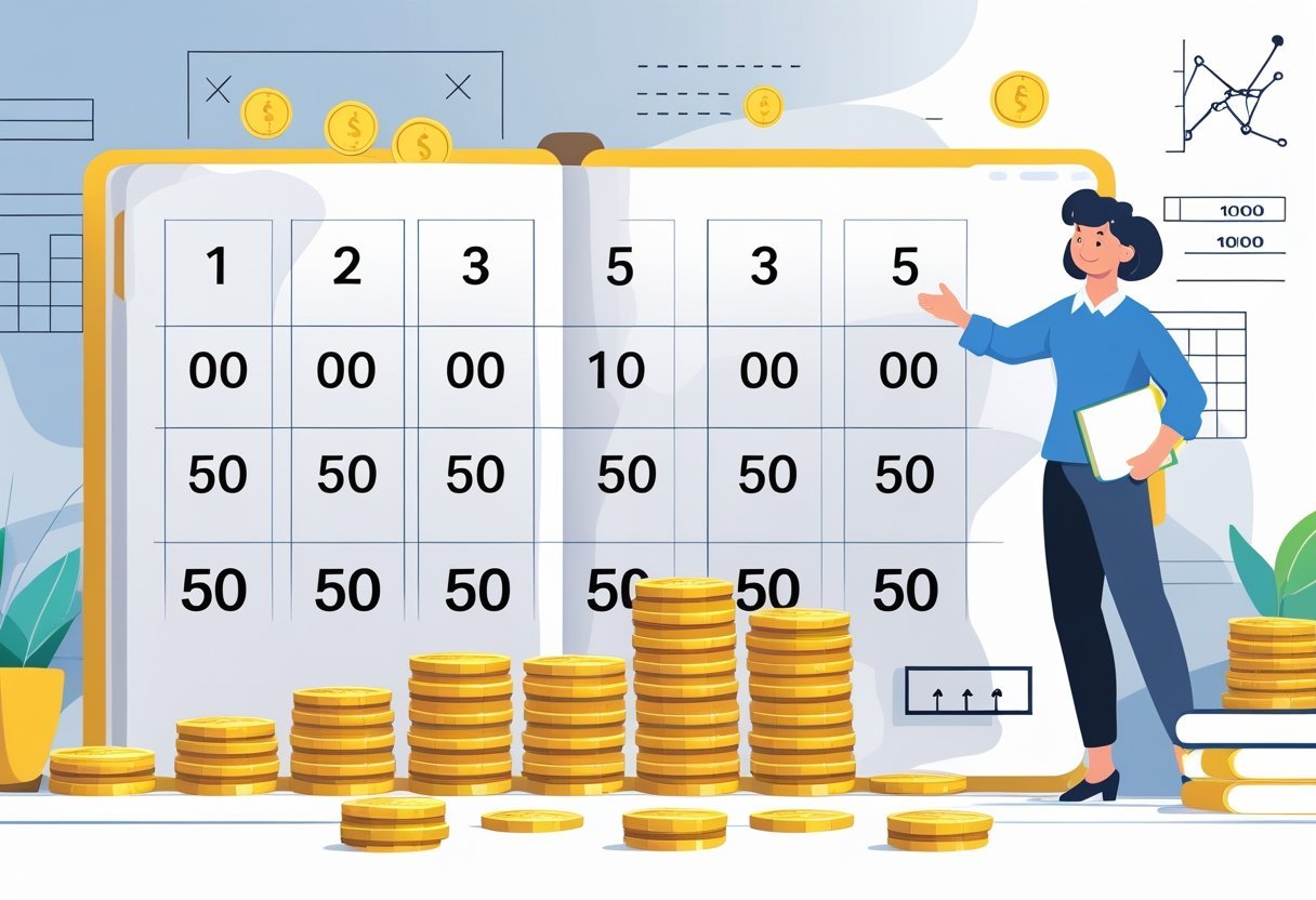 Cena de uma sala de aula com um quadro mostrando números de 1 a 5 e pilhas de moedas de 50 centavos organizadas para representar milhares e centenas.