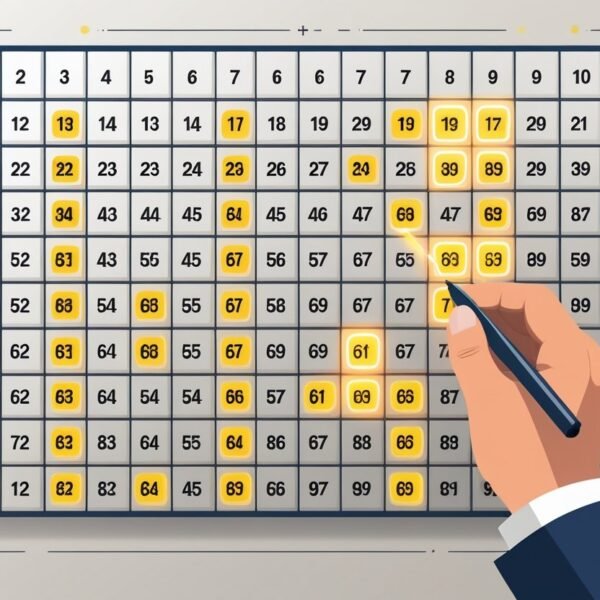 Uma mão marcando 20 números destacados em uma grade de 100 números organizados em 10 por 10.