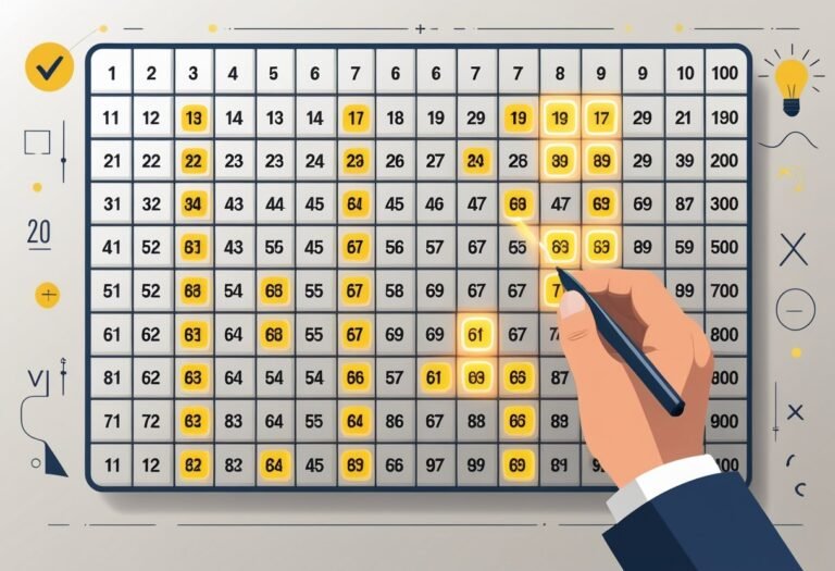 Uma mão marcando 20 números destacados em uma grade de 100 números organizados em 10 por 10.