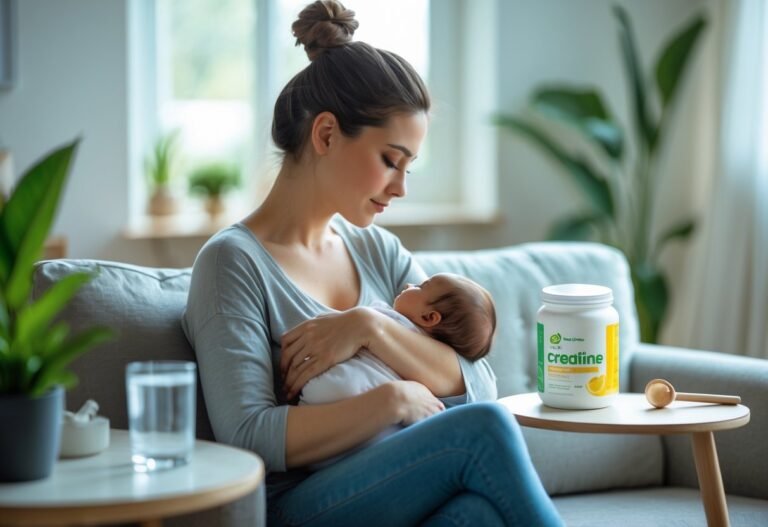 Mãe amamentando seu bebê em uma sala iluminada e acolhedora, com um copo de água e um pote de creatina em uma mesa ao lado.