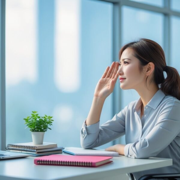Mulher pensativa olhando pela janela em um escritório moderno e iluminado.
