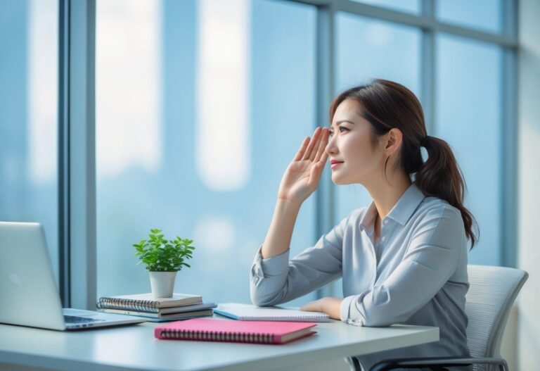 Mulher pensativa olhando pela janela em um escritório moderno e iluminado.