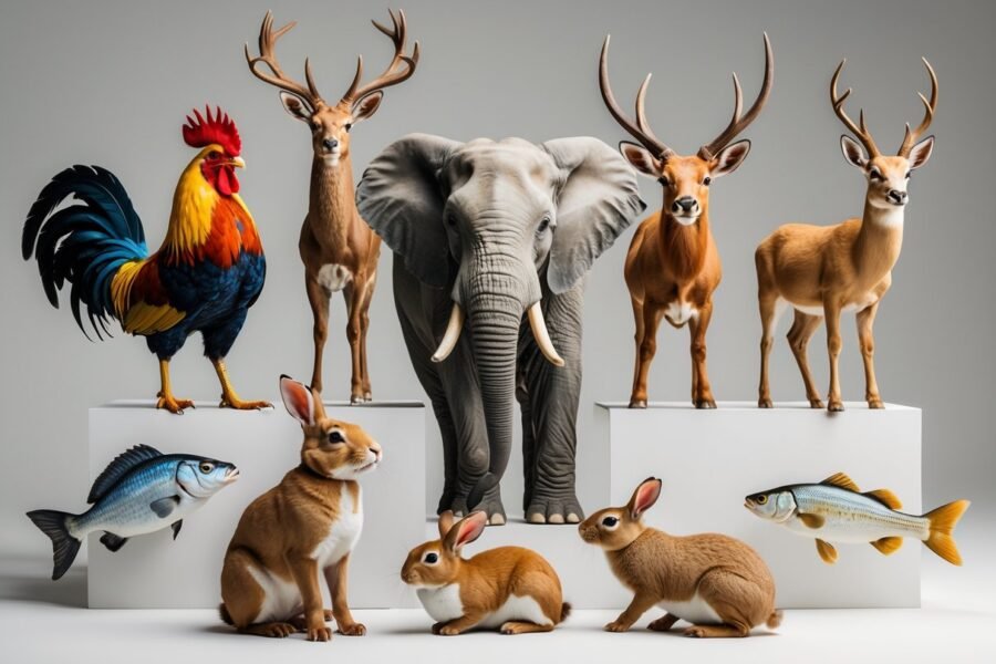 Sete animais representando os mais populares no jogo do bicho, incluindo galo, elefante, veado, boi, camelo, coelho e peixe, dispostos juntos sobre fundo neutro.