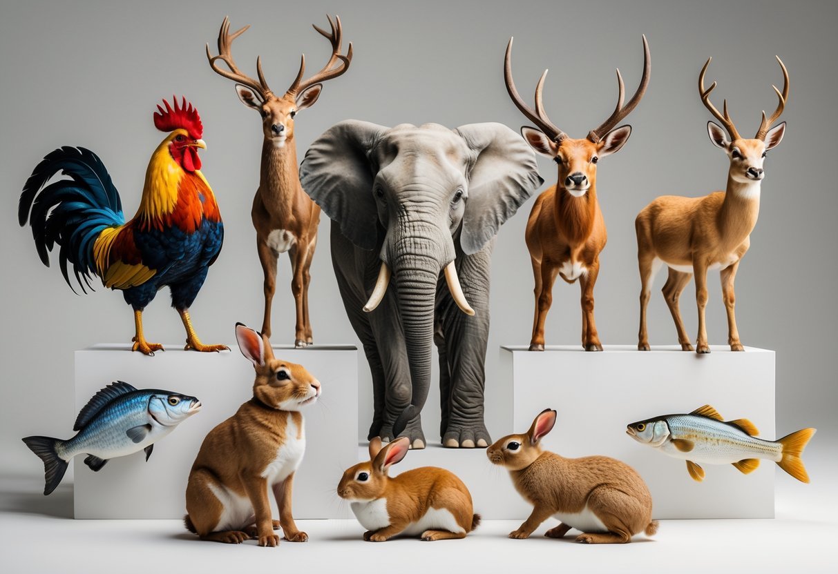 Sete animais representando os mais populares no jogo do bicho, incluindo galo, elefante, veado, boi, camelo, coelho e peixe, dispostos juntos sobre fundo neutro.