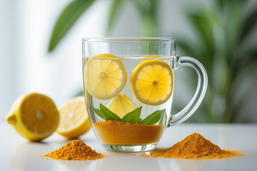 Copo de vidro com água morna contendo fatias de limão e açafrão, com limões e pó de açafrão ao lado sobre uma superfície branca.