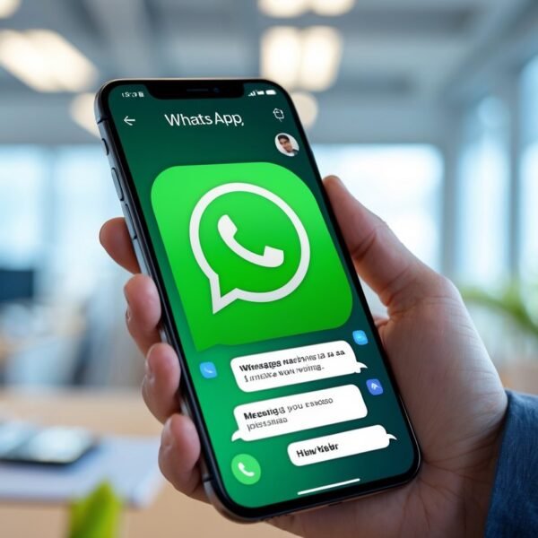 Pessoa segurando um smartphone com um aplicativo de mensagens aberto em um ambiente de escritório.