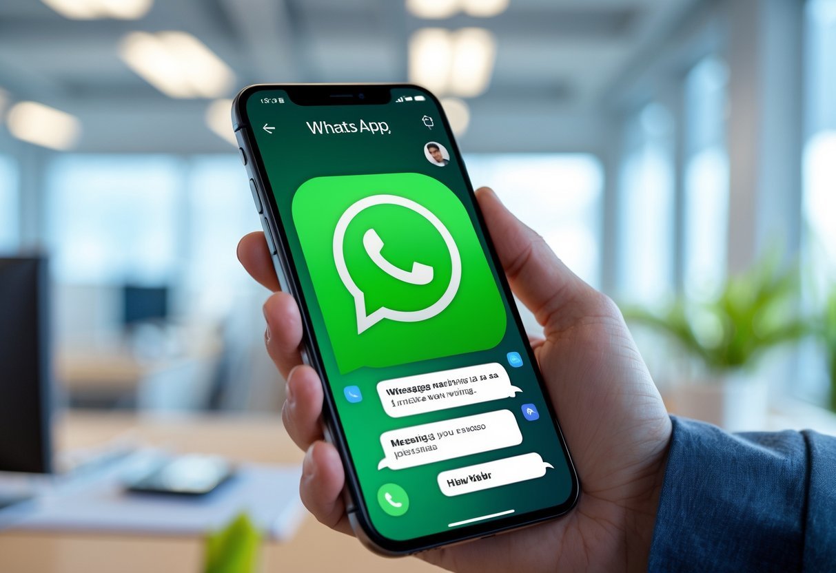 Pessoa segurando um smartphone com um aplicativo de mensagens aberto em um ambiente de escritório.