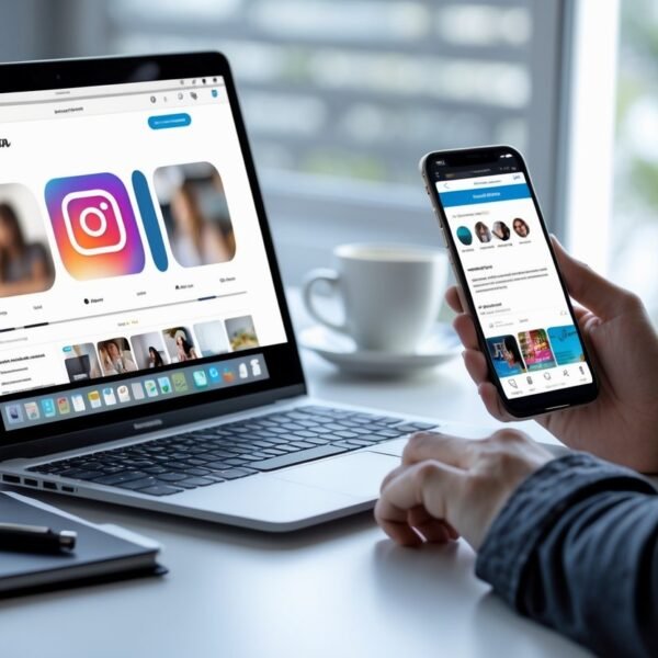 Pessoa sentada em uma mesa moderna usando laptop e celular, olhando para uma página privada do Instagram e o site do BuzzFeed no celular.