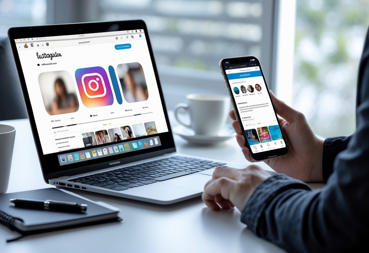 Pessoa sentada em uma mesa moderna usando laptop e celular, olhando para uma página privada do Instagram e o site do BuzzFeed no celular.