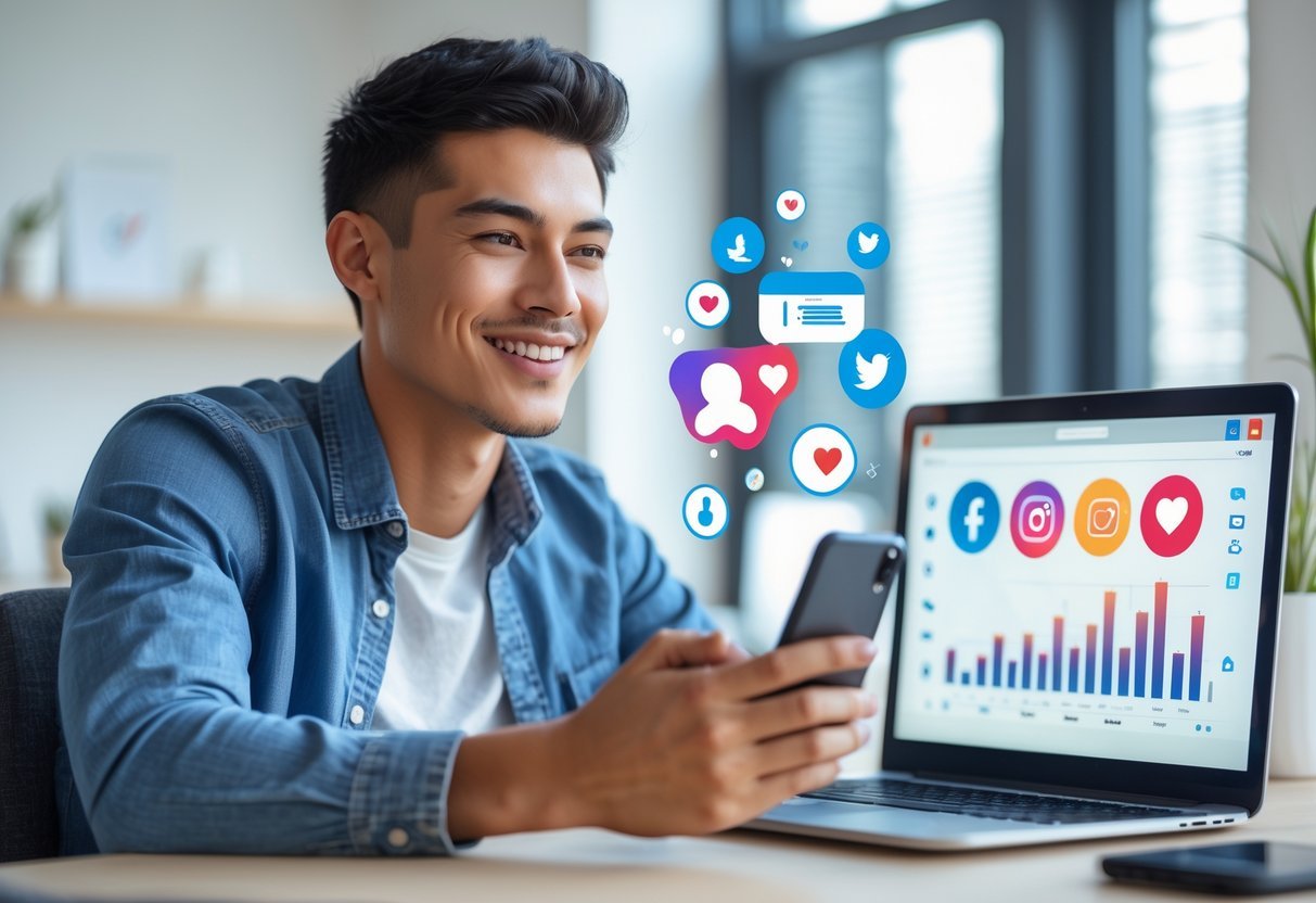 Pessoa jovem sentada em uma mesa moderna usando um smartphone, com um laptop aberto mostrando gráficos de crescimento de seguidores.