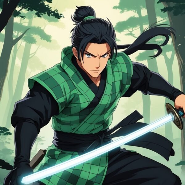 Tanjiro Kamado em uma pose de ação segurando sua espada, com uma floresta ao fundo.