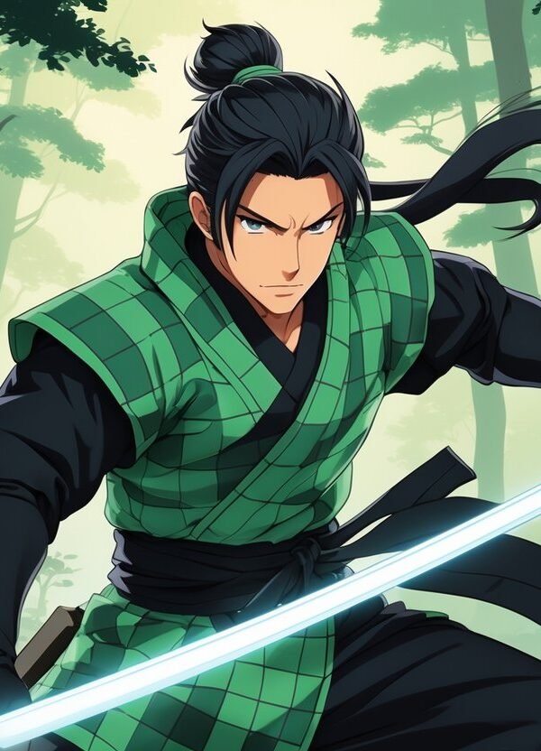 Tanjiro Kamado em uma pose de ação segurando sua espada, com uma floresta ao fundo.