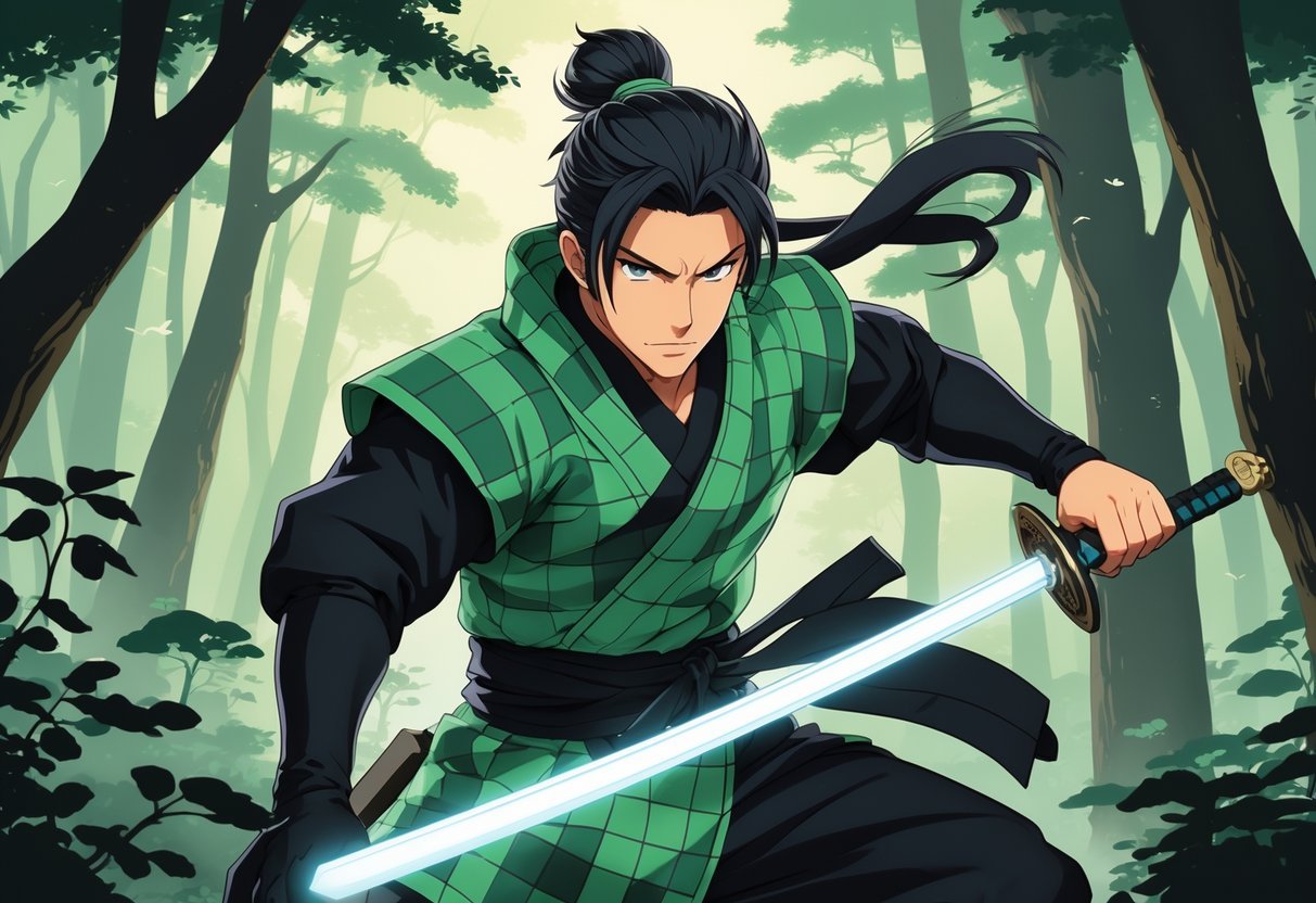 Tanjiro Kamado em uma pose de ação segurando sua espada, com uma floresta ao fundo.