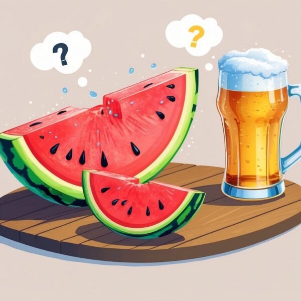 Uma fatia de melancia ao lado de um copo de cerveja sobre uma mesa, com um balão de pensamento contendo pontos de interrogação acima deles.