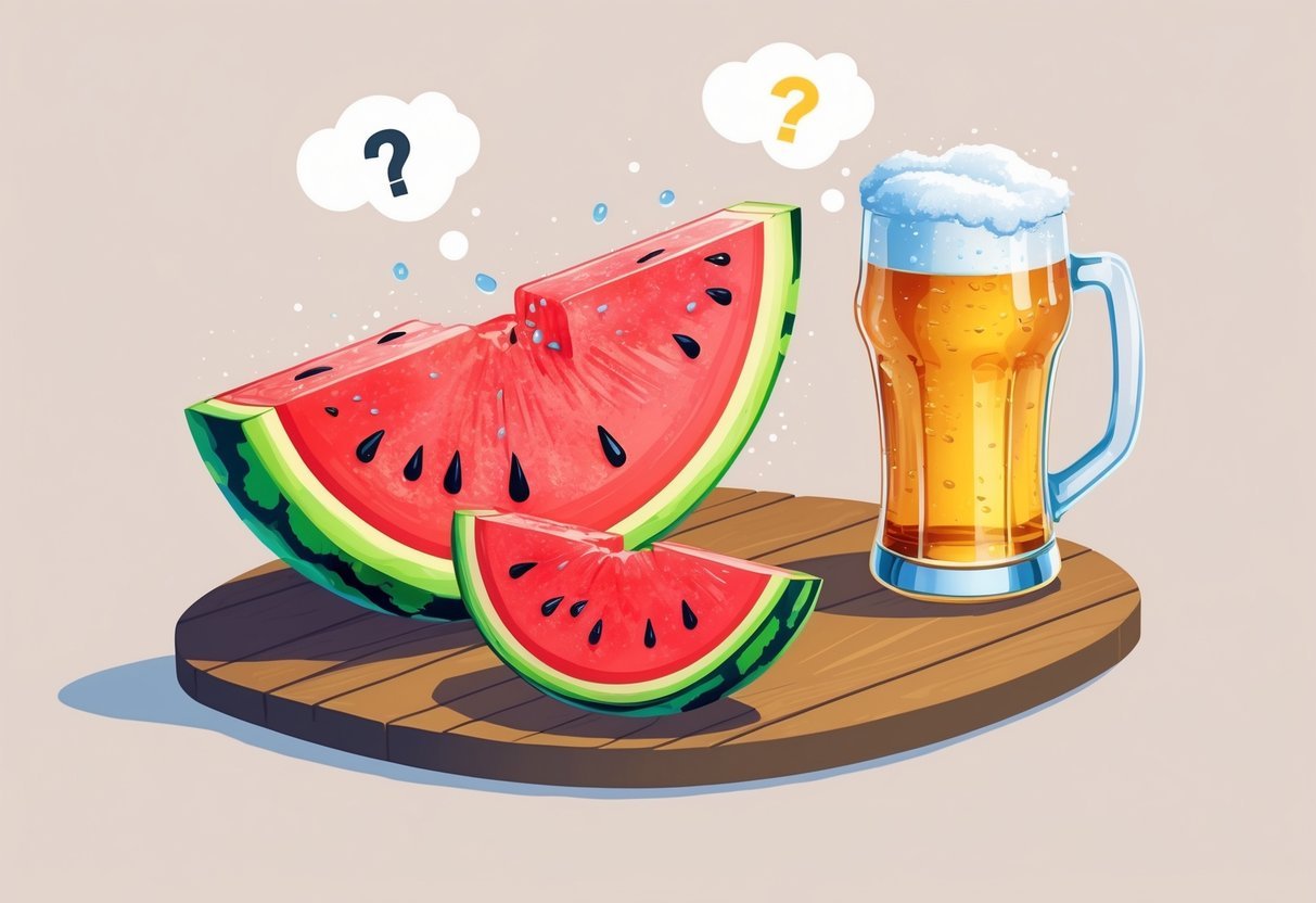 Uma fatia de melancia ao lado de um copo de cerveja sobre uma mesa, com um balão de pensamento contendo pontos de interrogação acima deles.