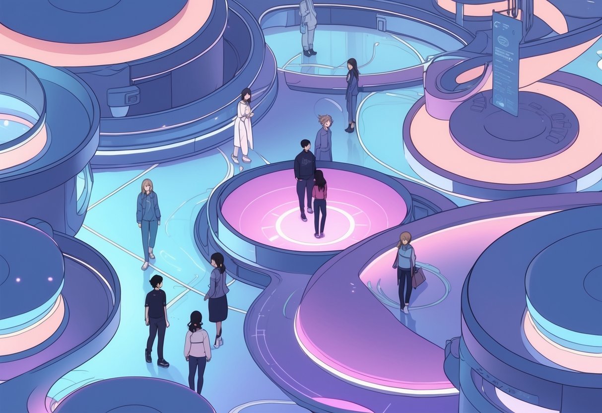 Cena urbana futurista com estruturas circulares conectadas e pessoas interagindo em um ambiente com luzes suaves e cores vibrantes.