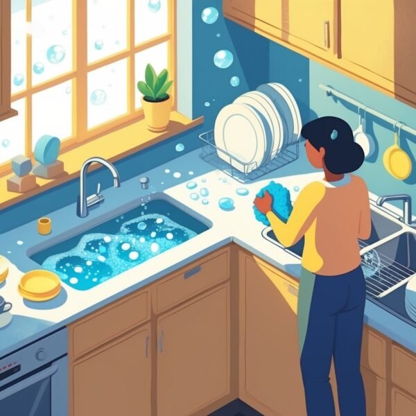 Pessoa lavando louça em uma cozinha com pia, pratos e utensílios, com luz natural e plantas ao redor.