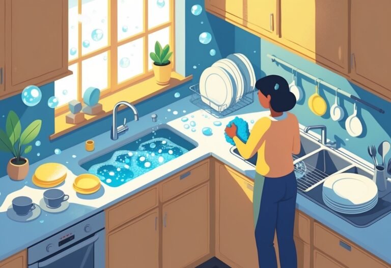 Pessoa lavando louça em uma cozinha com pia, pratos e utensílios, com luz natural e plantas ao redor.