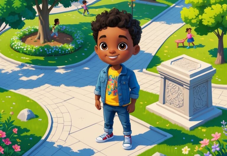 Um menino chamado Miles está em um parque urbano com árvores, flores, um caminho pavimentado e um playground ao fundo.