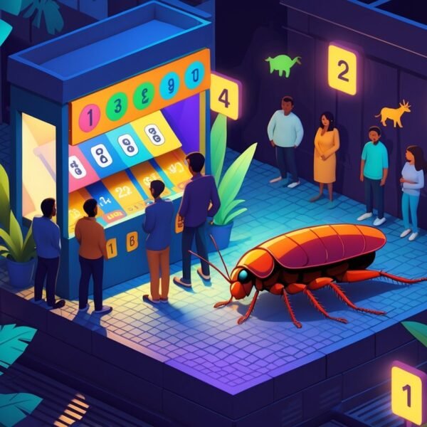 Cena noturna em uma rua com um quiosque de jogo do bicho e uma barata grande próxima, com pessoas observando ao redor.